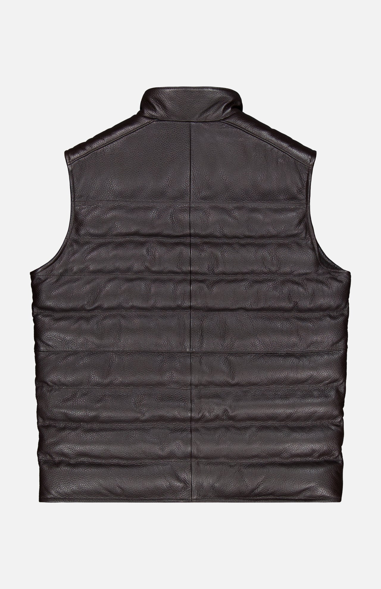 The PETER MILLAR Deerskin Leather Vest is shown from the back against a plain white background. This dark brown, sleeveless vest features padded horizontal quilting, a short stand collar, and is lined with Merino wool for added comfort—ideal for those in search of refined luxury outerwear.