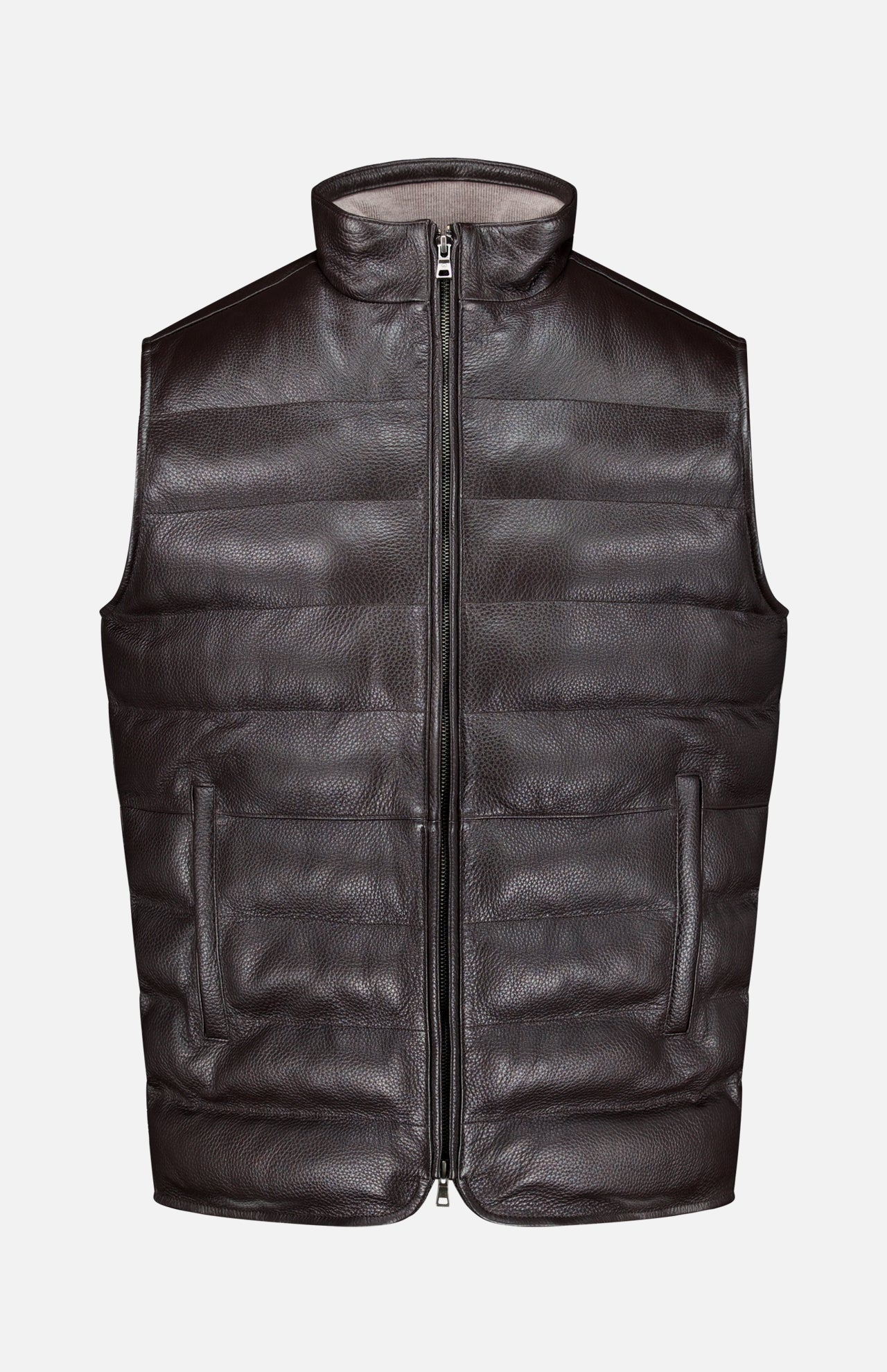 The PETER MILLAR Deerskin Leather Vest is a black, sleeveless, zip-front padded vest crafted from textured deerskin leather and lined with sumptuous merino wool, shown against a plain white background—a must-have luxury outerwear piece.