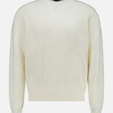 The Dolomite Crewneck Sweater by PETER MILLAR is a cream-colored, long-sleeve wool cashmere sweater featuring a ribbed texture and crew neckline, displayed on a plain white background.