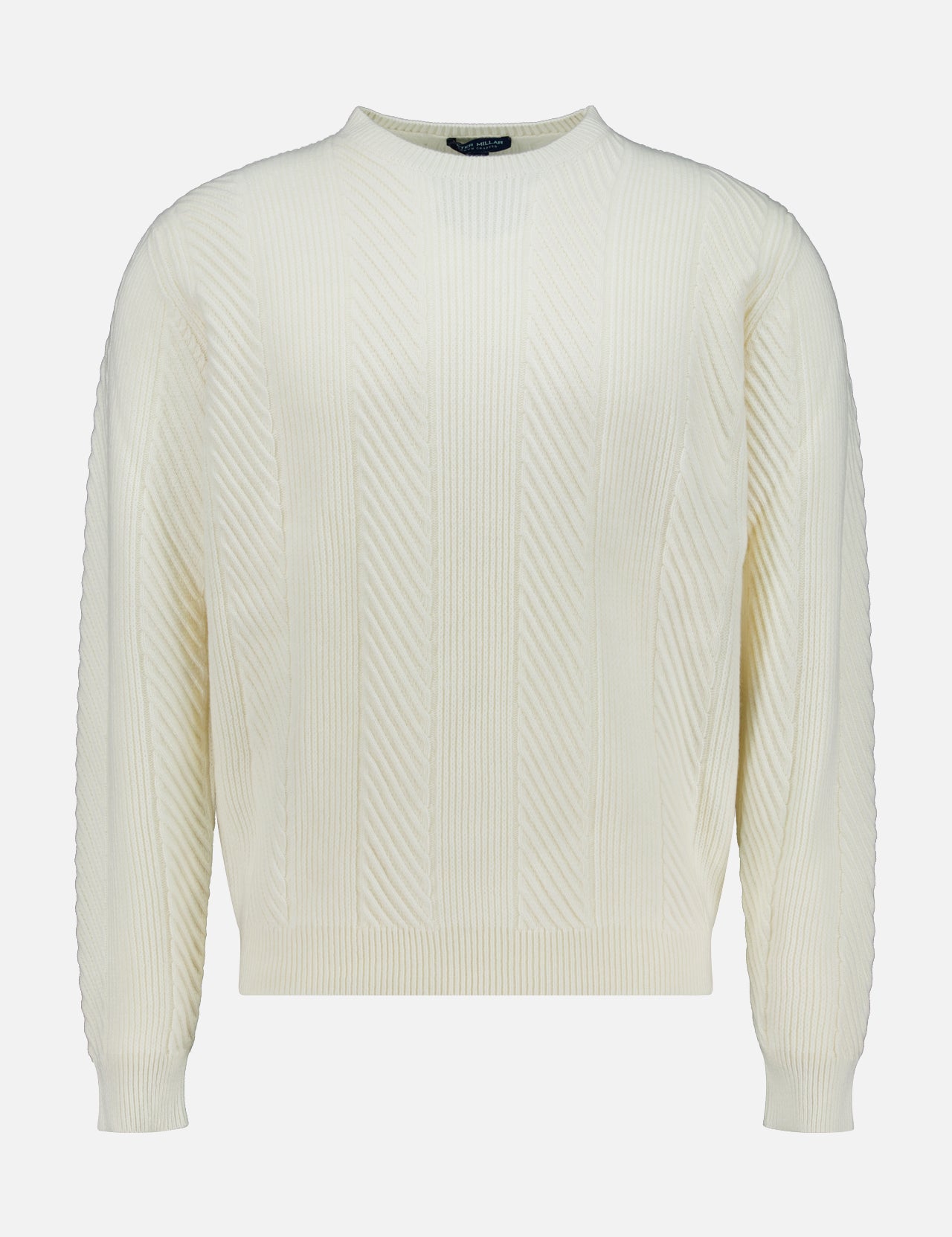 The Dolomite Crewneck Sweater by PETER MILLAR is a cream-colored, long-sleeve wool cashmere sweater featuring a ribbed texture and crew neckline, displayed on a plain white background.