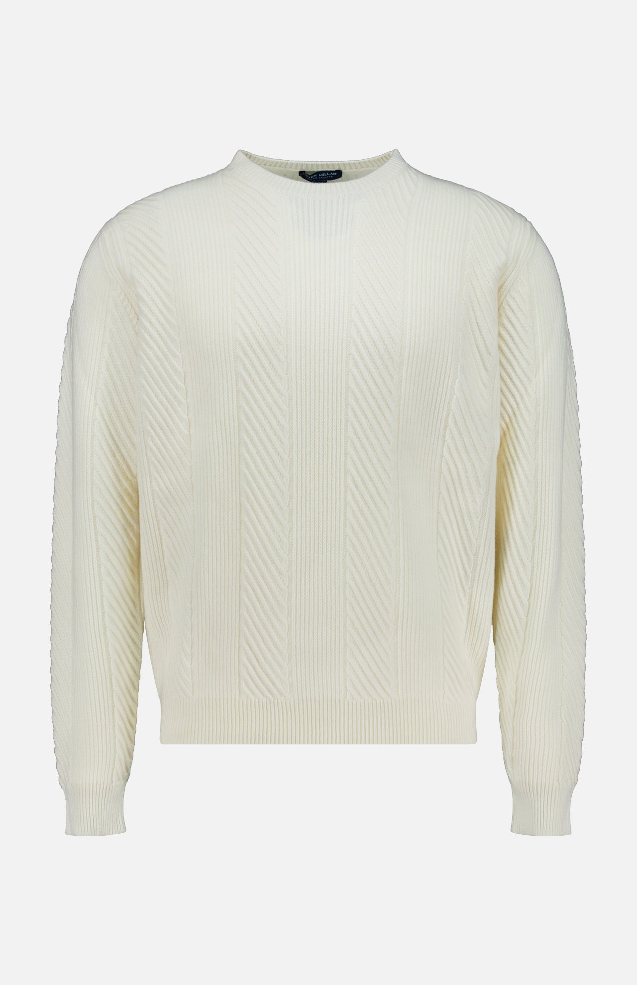 The Dolomite Crewneck Sweater by PETER MILLAR is a cream-colored, long-sleeve wool cashmere sweater featuring a ribbed texture and crew neckline, displayed on a plain white background.