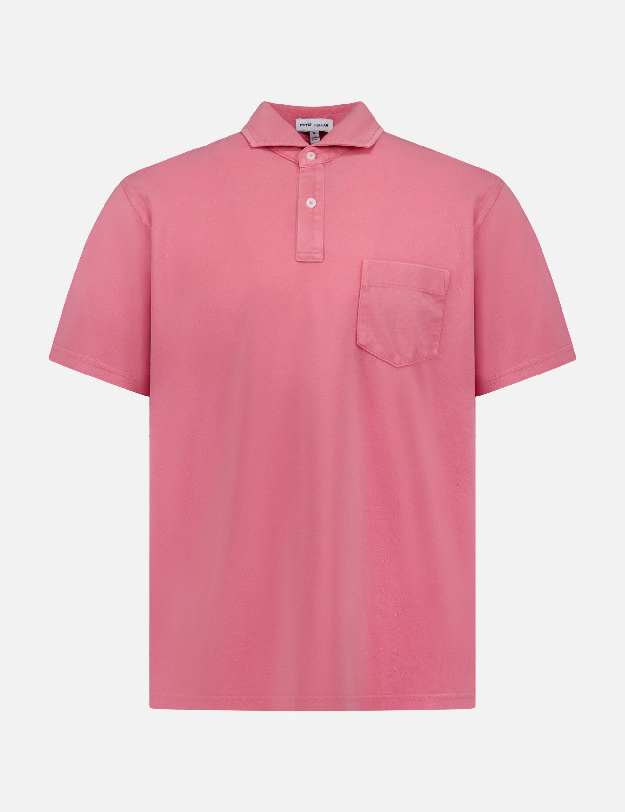 The PETER MILLAR Everyday Pique Polo Shirt is a plain pink organic cotton polo with a spread collar, two-button neckline, and single chest pocket, shown on a white background.
