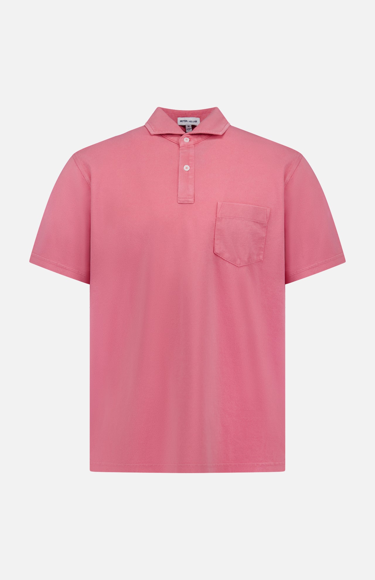 The PETER MILLAR Everyday Pique Polo Shirt is a plain pink organic cotton polo with a spread collar, two-button neckline, and single chest pocket, shown on a white background.