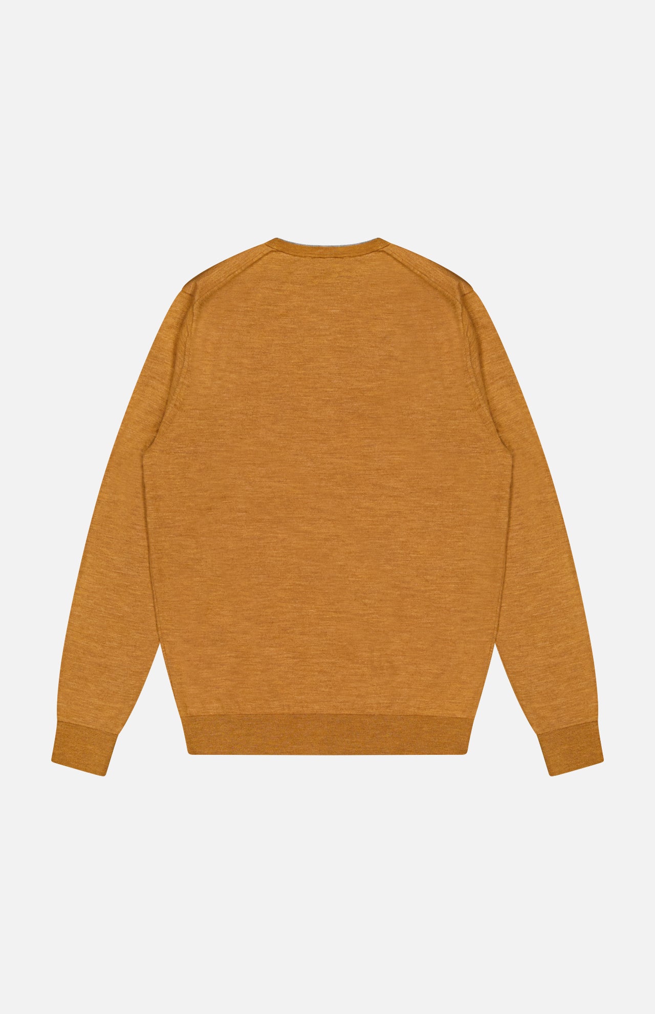 The image shows the back view of the Excursionist Flex Crewneck Sweater by PETER MILLAR in mustard yellow, featuring long sleeves and a classic crew neckline, laid flat on a white background—an ideal choice for stylish travel on cooler days.