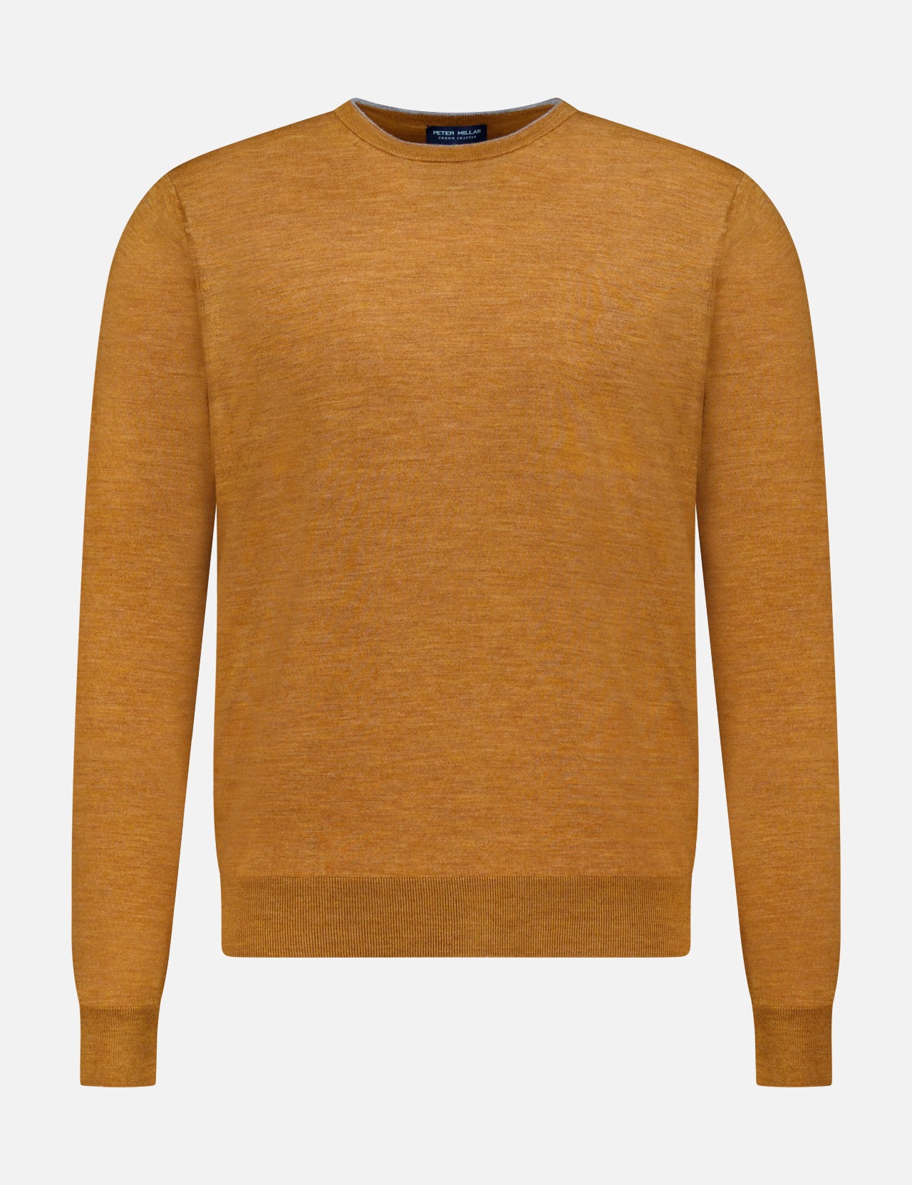 The Excursionist Flex Crewneck Sweater by PETER MILLAR is a long-sleeved, mustard yellow crew neck crafted from soft merino wool and shown against a white background—an ideal stylish travel sweater for any adventure.