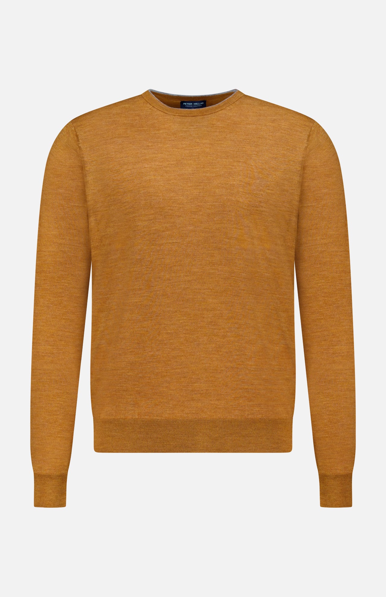 The Excursionist Flex Crewneck Sweater by PETER MILLAR is a long-sleeved, mustard yellow crew neck crafted from soft merino wool and shown against a white background—an ideal stylish travel sweater for any adventure.