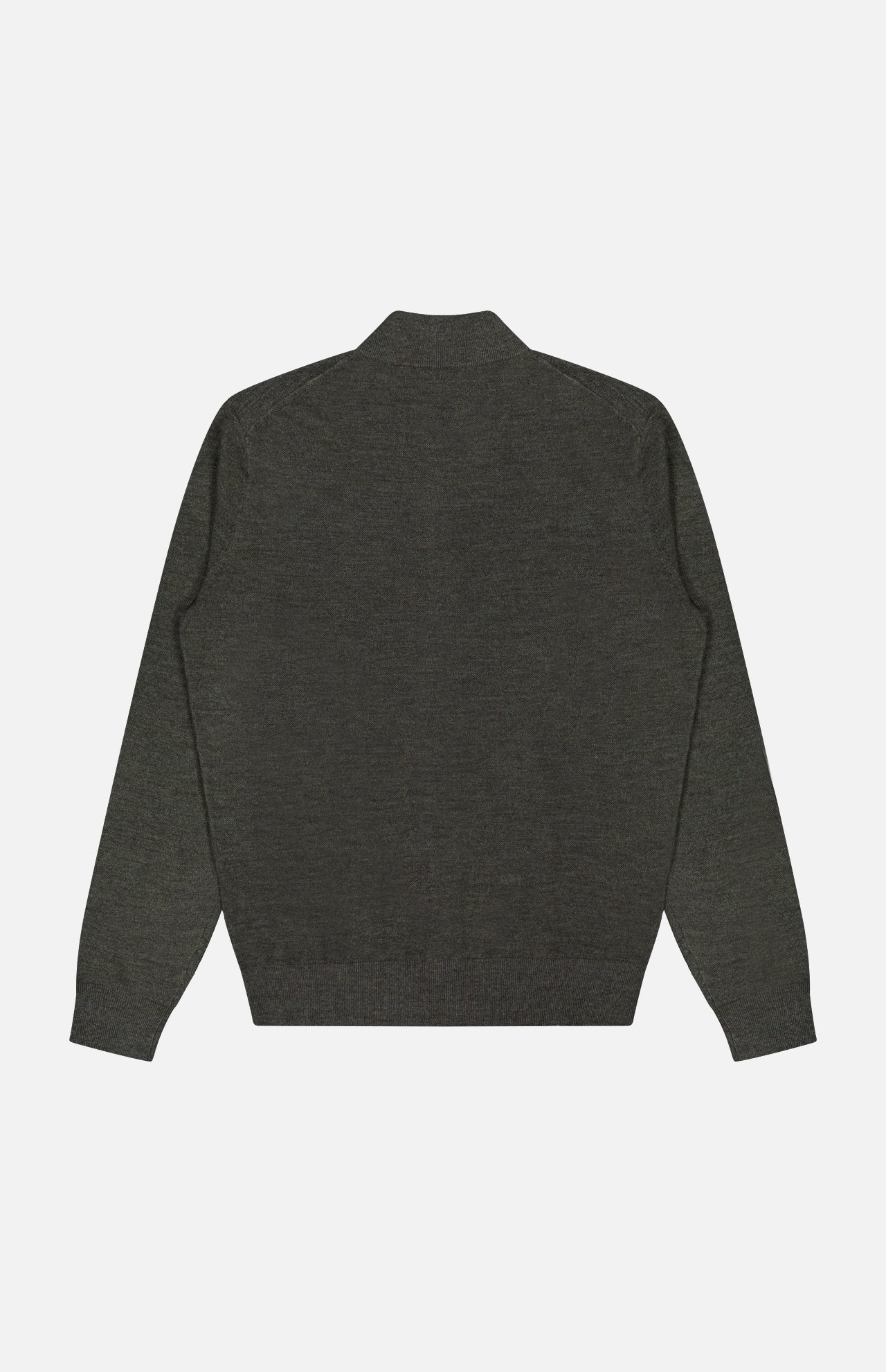 The Excursionist Flex Full Zip Sweater by PETER MILLAR is shown laid flat from the back on a white background. This dark gray merino wool sweater features long sleeves, a full zip design, ribbed hem and cuffs, and a small collar for a simple yet refined look.