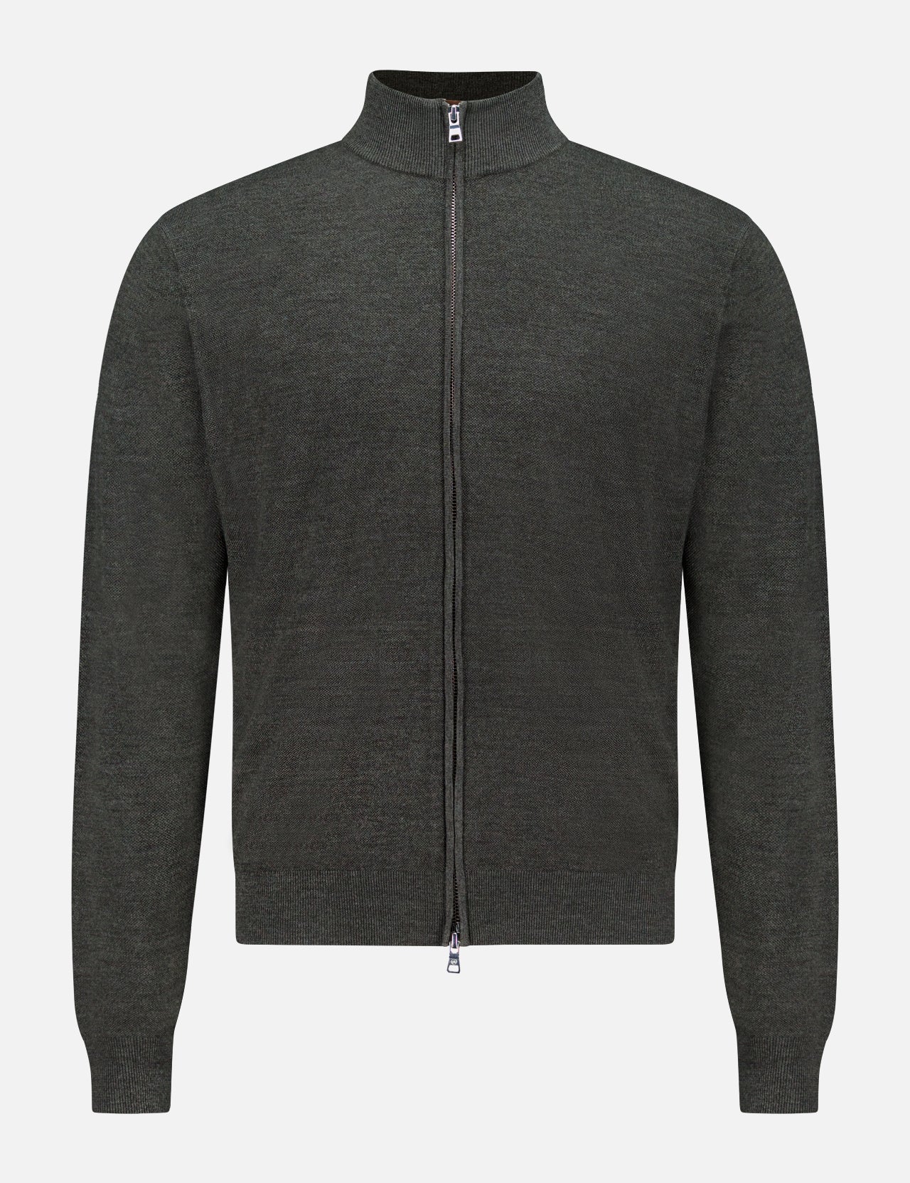 The PETER MILLAR Excursionist Flex Full Zip Sweater is a dark gray, long-sleeve knitted merino wool sweater with a stand collar, displayed against a white background. This full-zip sweater features a full-length zipper along with ribbed cuffs and hem.