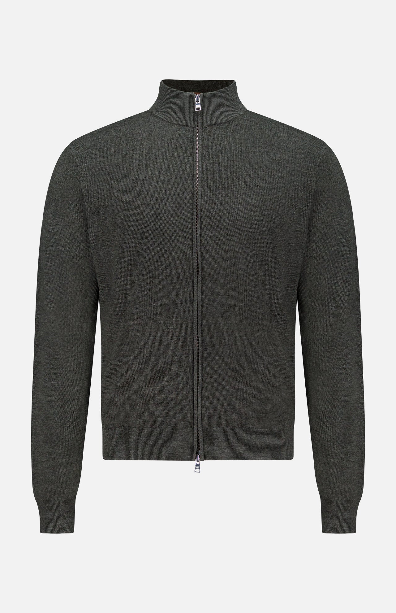 The PETER MILLAR Excursionist Flex Full Zip Sweater is a dark gray, long-sleeve knitted merino wool sweater with a stand collar, displayed against a white background. This full-zip sweater features a full-length zipper along with ribbed cuffs and hem.