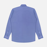 The PETER MILLAR Excursionist Flex Print Sport Shirt, featuring long sleeves, button cuffs, and crafted from wrinkle-resistant cotton-stretch fabric in light blue, is displayed laid flat with the back facing up on a white background.