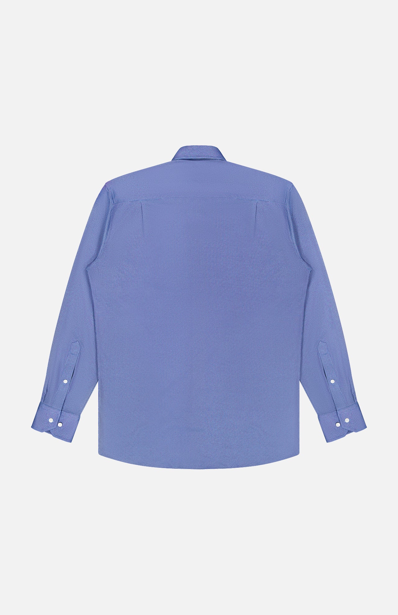 The PETER MILLAR Excursionist Flex Print Sport Shirt, featuring long sleeves, button cuffs, and crafted from wrinkle-resistant cotton-stretch fabric in light blue, is displayed laid flat with the back facing up on a white background.