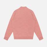 The PETER MILLAR Excursionist Flex Quarter-Zip Sweater in light pink is shown flat, back view, with ribbed cuffs and hem. Its tailored fit and lightweight design make it the perfect sweater for travel and everyday adventures.