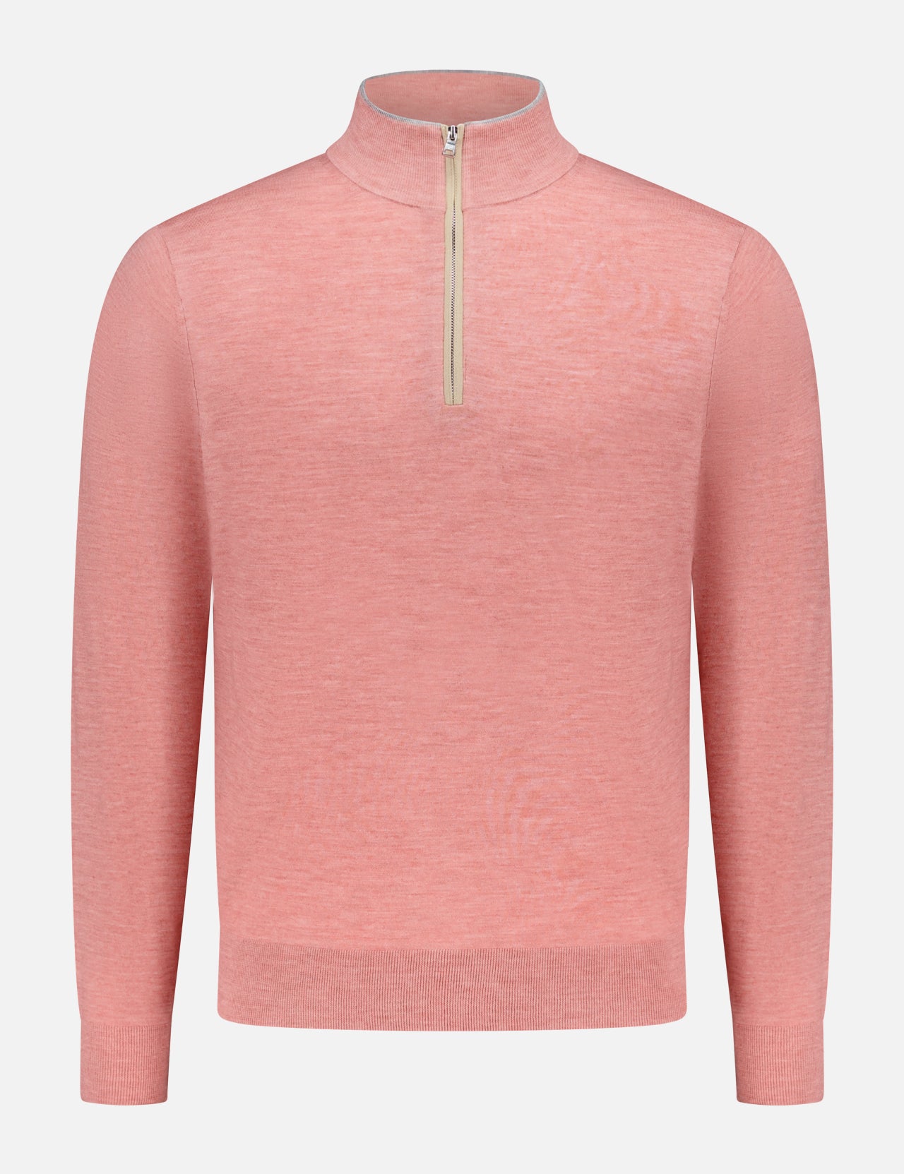 The PETER MILLAR Excursionist Flex Quarter-Zip Sweater in light pink merino wool features long sleeves, a stand-up collar, and a white half-zip closure, shown against a plain white background.
