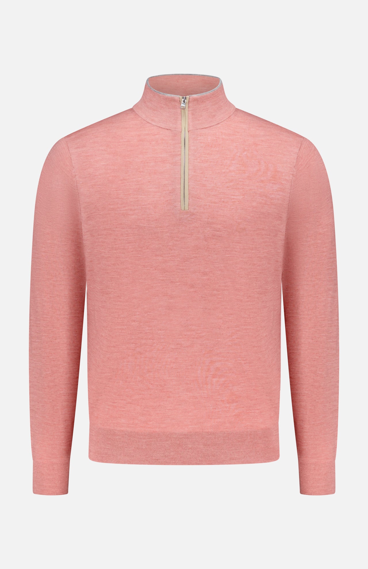 The PETER MILLAR Excursionist Flex Quarter-Zip Sweater in light pink merino wool features long sleeves, a stand-up collar, and a white half-zip closure, shown against a plain white background.