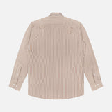 The Excursionist Flex Stripe Sport Shirt by PETER MILLAR is displayed from the back, lying flat against a white background. This long-sleeve button-up features thin vertical brown and white stripes and is made from comfortable cotton-stretch fabric that offers wrinkle resistance for easy care and enduring style.