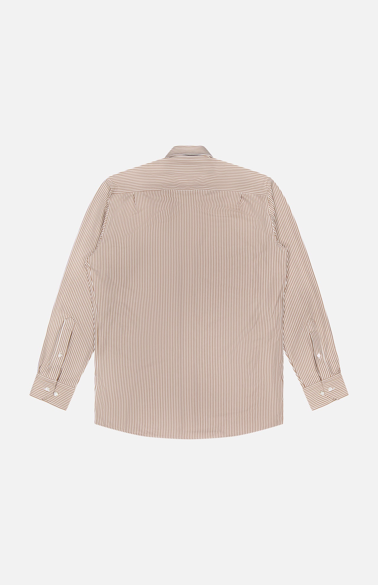 The Excursionist Flex Stripe Sport Shirt by PETER MILLAR is displayed from the back, lying flat against a white background. This long-sleeve button-up features thin vertical brown and white stripes and is made from comfortable cotton-stretch fabric that offers wrinkle resistance for easy care and enduring style.