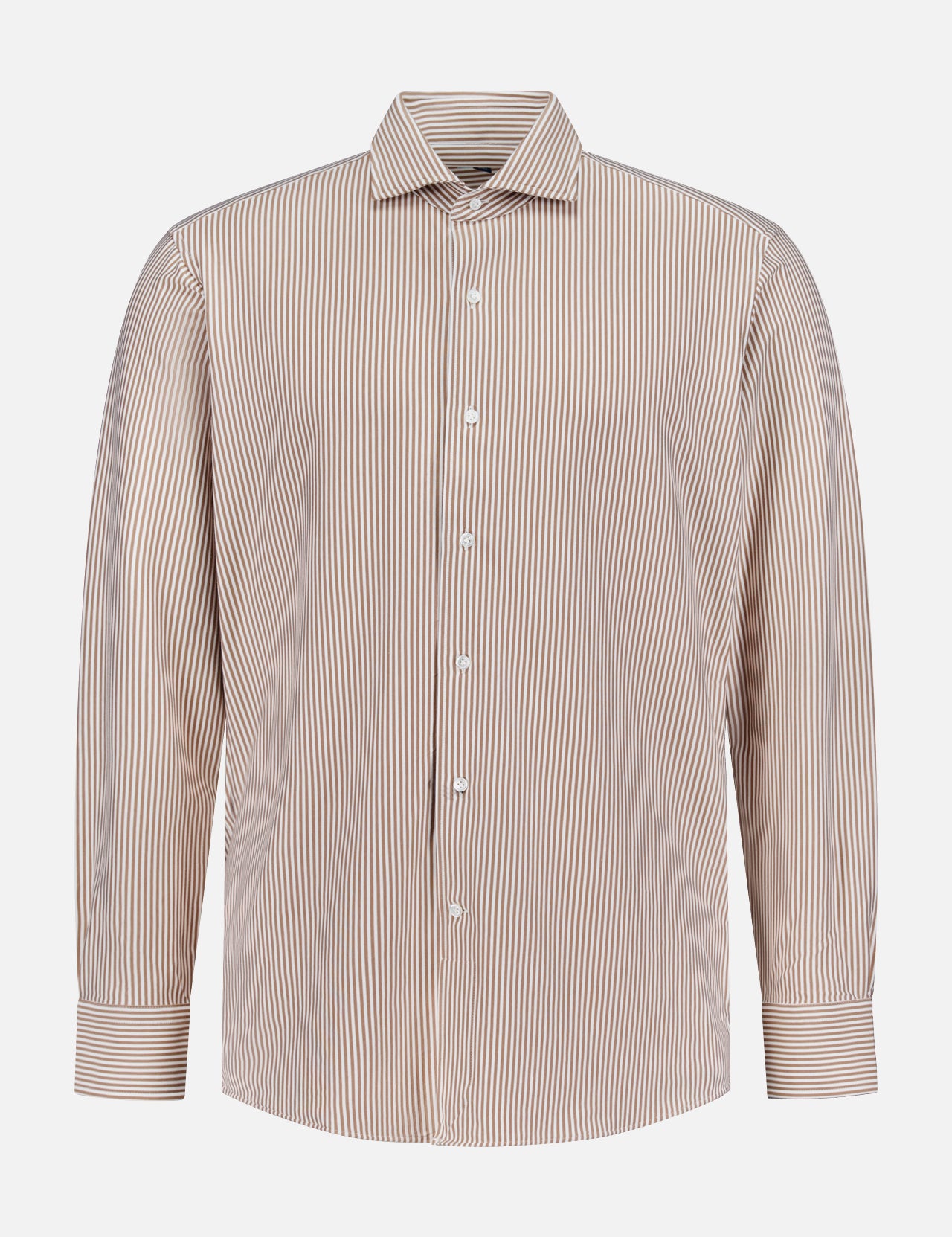 The Excursionist Flex Stripe Sport Shirt by PETER MILLAR is a brown and white vertically striped, long-sleeve button-up shirt with a collar, crafted from wrinkle-resistant cotton-stretch fabric for all-day comfort and easy care. Displayed on a plain white background.