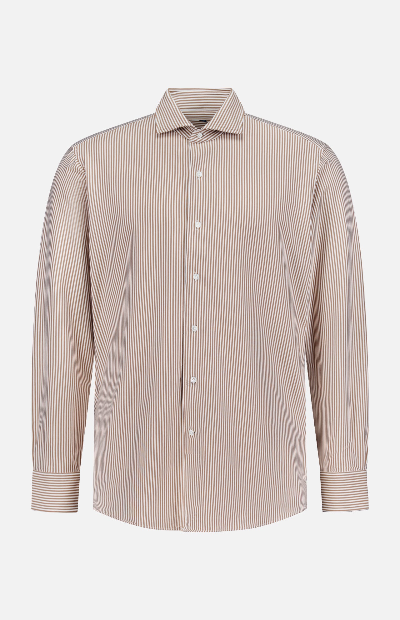 The Excursionist Flex Stripe Sport Shirt by PETER MILLAR is a brown and white vertically striped, long-sleeve button-up shirt with a collar, crafted from wrinkle-resistant cotton-stretch fabric for all-day comfort and easy care. Displayed on a plain white background.