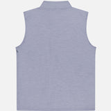 Back view of the PETER MILLAR Ryder Reversible Water Resistant Vest in light blue merino wool-blend, sleeveless with a collar, shown against a white background; features a clean design without visible embellishments or fastenings.