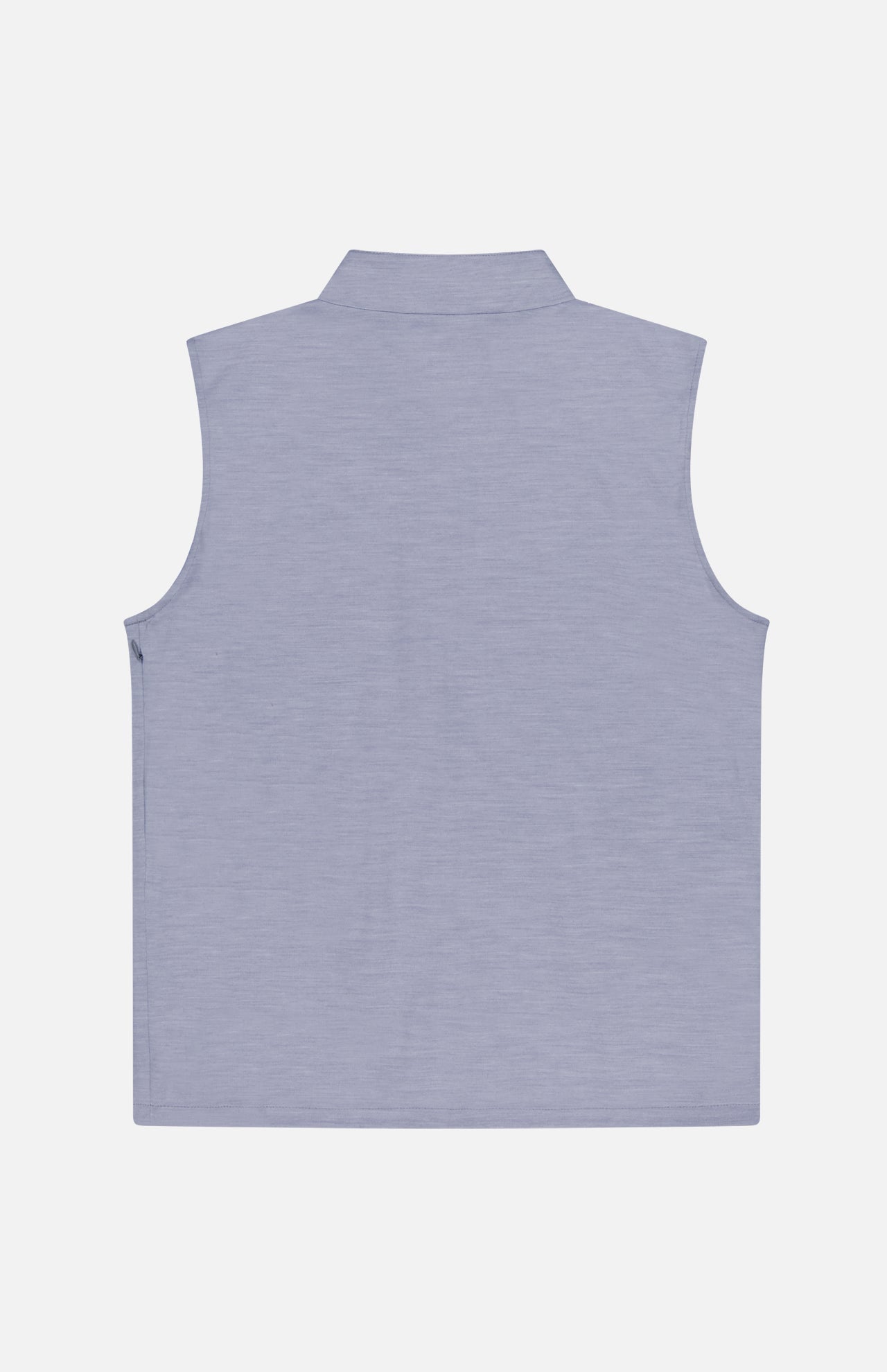 Back view of the PETER MILLAR Ryder Reversible Water Resistant Vest in light blue merino wool-blend, sleeveless with a collar, shown against a white background; features a clean design without visible embellishments or fastenings.