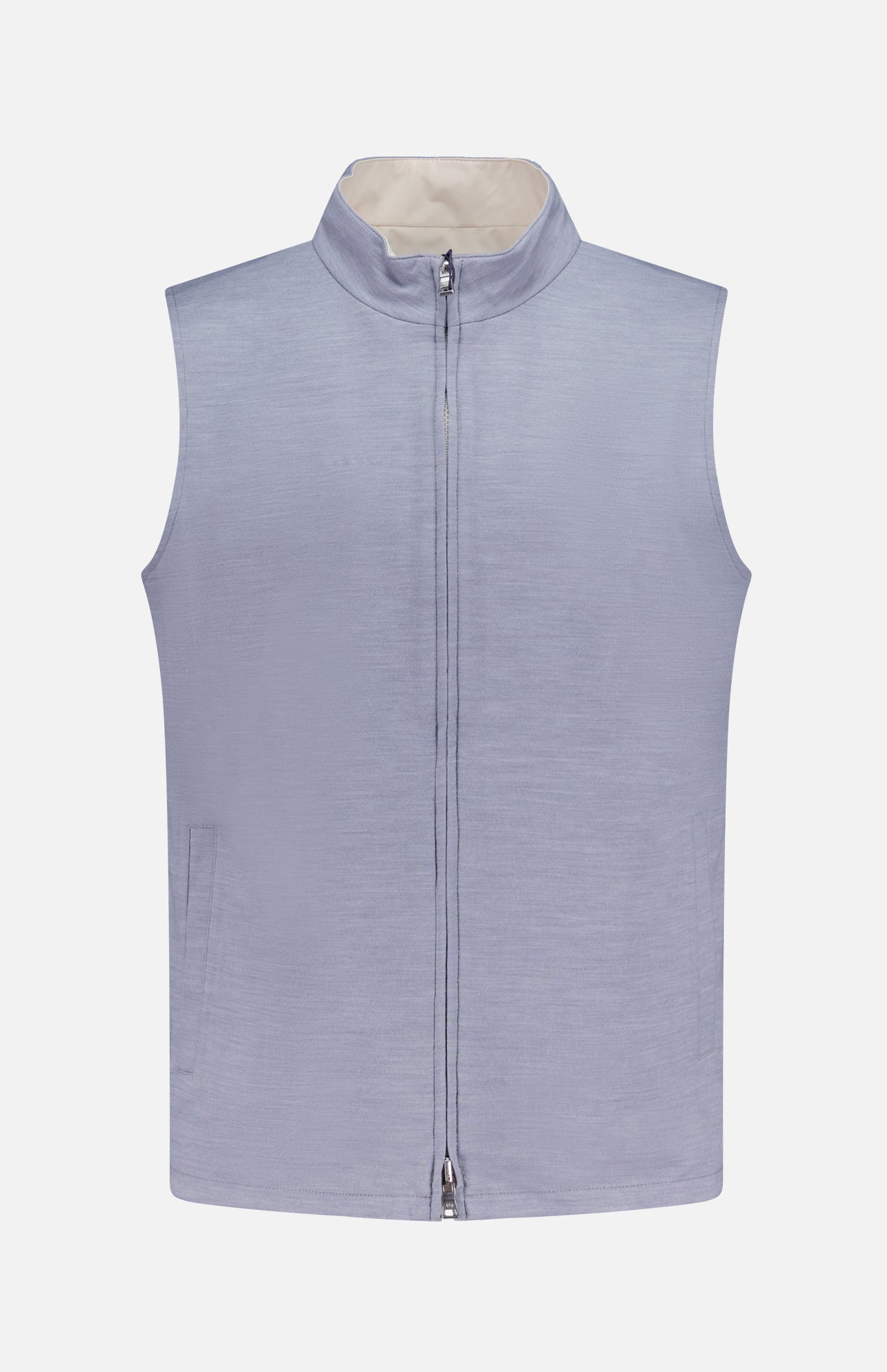 The PETER MILLAR Ryder Reversible Water Resistant Vest in light gray features a front zipper, high collar, and two side pockets, shown against a plain white background.