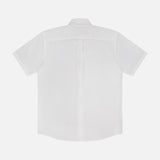 Back view of the PETER MILLAR Seaward Cotton Lyocell Sport Shirt—plain white, short-sleeve, button-up, collared seersucker with a single center-back pleat for lightweight comfort.