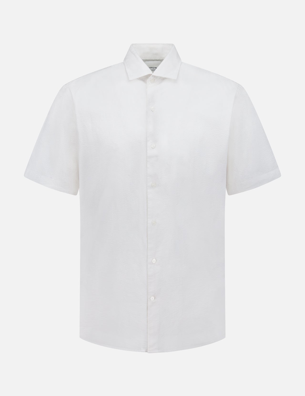The Seaward Cotton Lyocell Sport Shirt by PETER MILLAR is a lightweight white, plain short-sleeve button-up with a classic collar, shown against a white background.