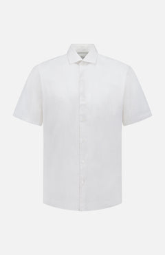 The Seaward Cotton Lyocell Sport Shirt by PETER MILLAR is a lightweight white, plain short-sleeve button-up with a classic collar, shown against a white background.