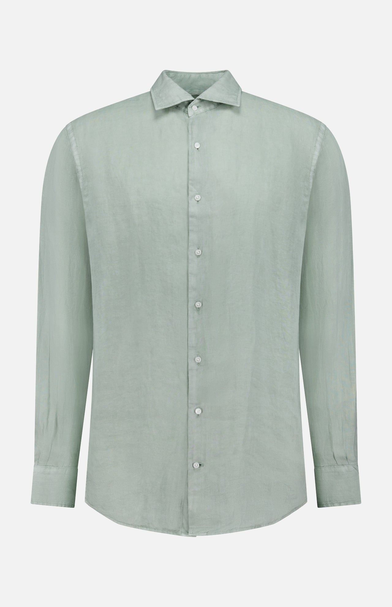 The PETER MILLAR Shoreside Linen Sport Shirt features a light green hue, long sleeves, classic collar, and white buttons, all crafted from fine Italian linen. Displayed on a plain white background.