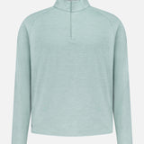 The PETER MILLAR Stealth Performance Quarter-Zip Pullover in light blue features a mock neck, long sleeves, and UPF 50+ sun protection, shown against a plain white background.