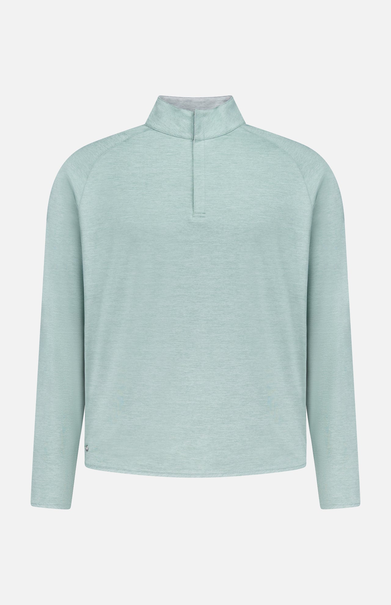 The PETER MILLAR Stealth Performance Quarter-Zip Pullover in light blue features a mock neck, long sleeves, and UPF 50+ sun protection, shown against a plain white background.