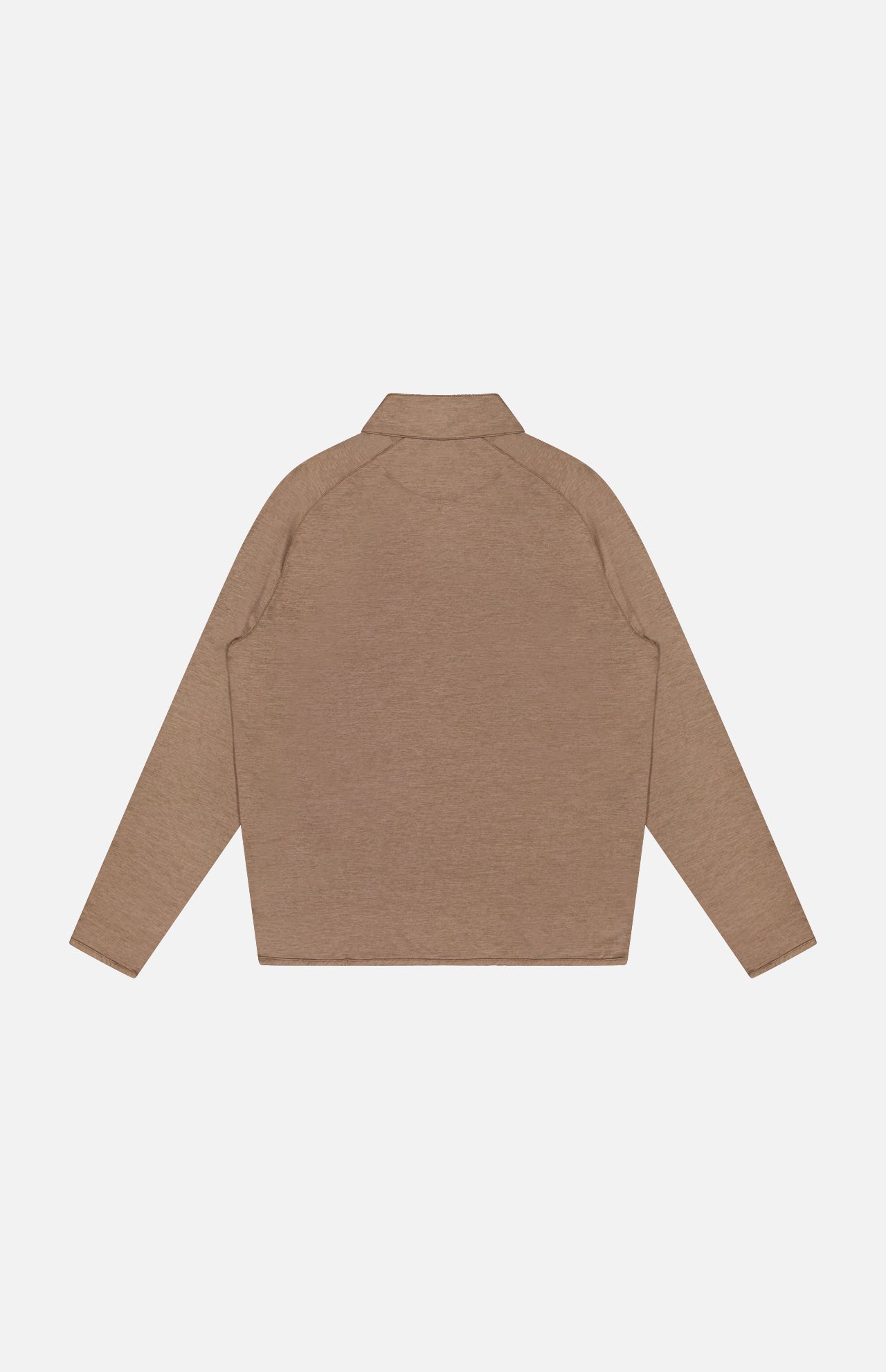 The PETER MILLAR Stealth Performance Quarter-Zip Sweater is displayed from the back on a plain white background. Featuring a brown color, this lightweight pullover has a simple collar and straight hem, with no visible logos, patterns, or fastenings.