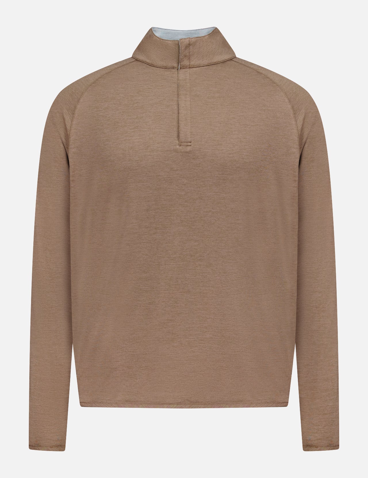 The Stealth Performance Quarter-Zip Sweater by PETER MILLAR is a light brown, long-sleeve, lightweight pullover featuring a short stand collar and a partial front zipper with a quarter-zip neckline for versatile styling, displayed against a plain white background.