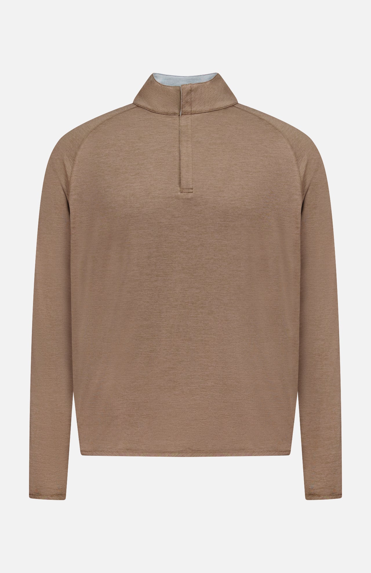 The Stealth Performance Quarter-Zip Sweater by PETER MILLAR is a light brown, long-sleeve, lightweight pullover featuring a short stand collar and a partial front zipper with a quarter-zip neckline for versatile styling, displayed against a plain white background.