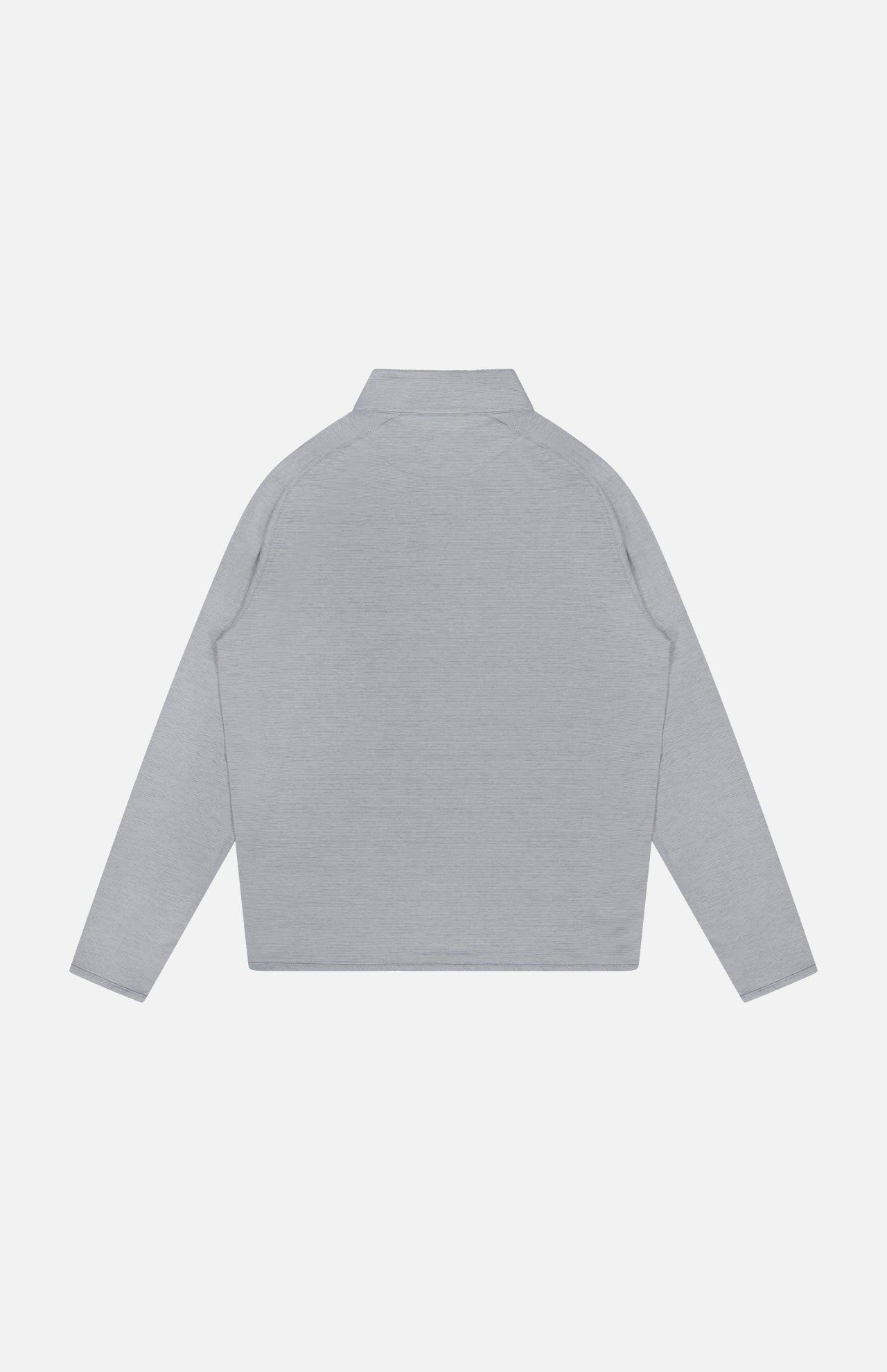 A PETER MILLAR Stealth Stripe Performance Quarter-Zip Sweater is shown laid flat and viewed from the back. This lightweight pullover features a simple collar, no visible patterns or logos, and is designed with four-way stretch to provide a comfortable fit for everyday wear.