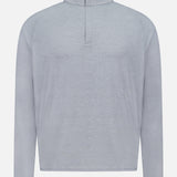 The PETER MILLAR Stealth Stripe Performance Quarter-Zip Sweater is a light gray, long-sleeved pullover featuring a standing collar and crafted from four-way stretch fabric for lightweight comfort and ease of movement, shown on a plain white background.