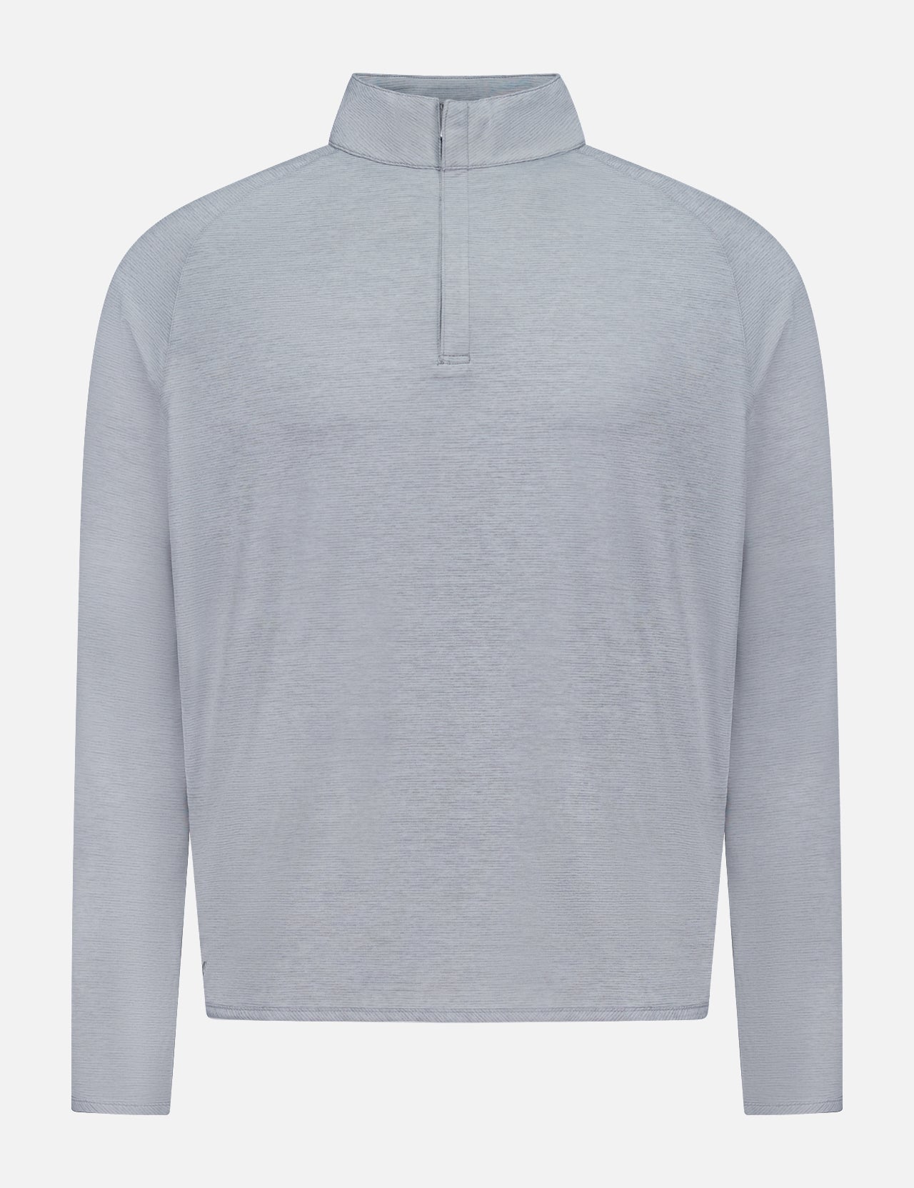 The PETER MILLAR Stealth Stripe Performance Quarter-Zip Sweater is a light gray, long-sleeved pullover featuring a standing collar and crafted from four-way stretch fabric for lightweight comfort and ease of movement, shown on a plain white background.