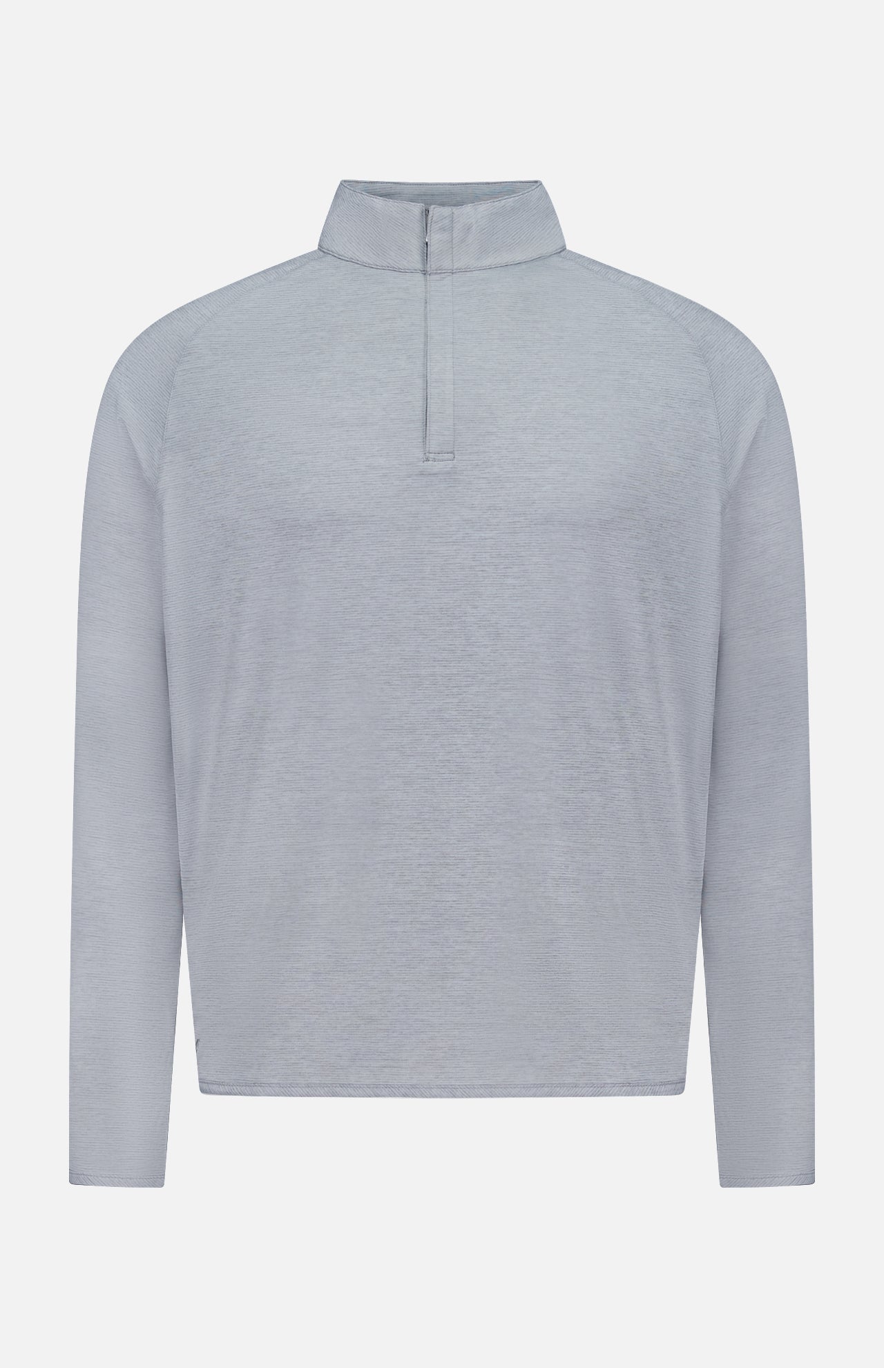 The PETER MILLAR Stealth Stripe Performance Quarter-Zip Sweater is a light gray, long-sleeved pullover featuring a standing collar and crafted from four-way stretch fabric for lightweight comfort and ease of movement, shown on a plain white background.
