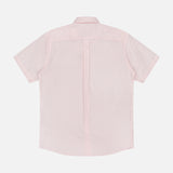 Back view of the PETER MILLAR Tamarama Cotton Lyocell Sport Shirt in light pink with short sleeves and a subtle small dotted pattern, displayed flat on a white background.