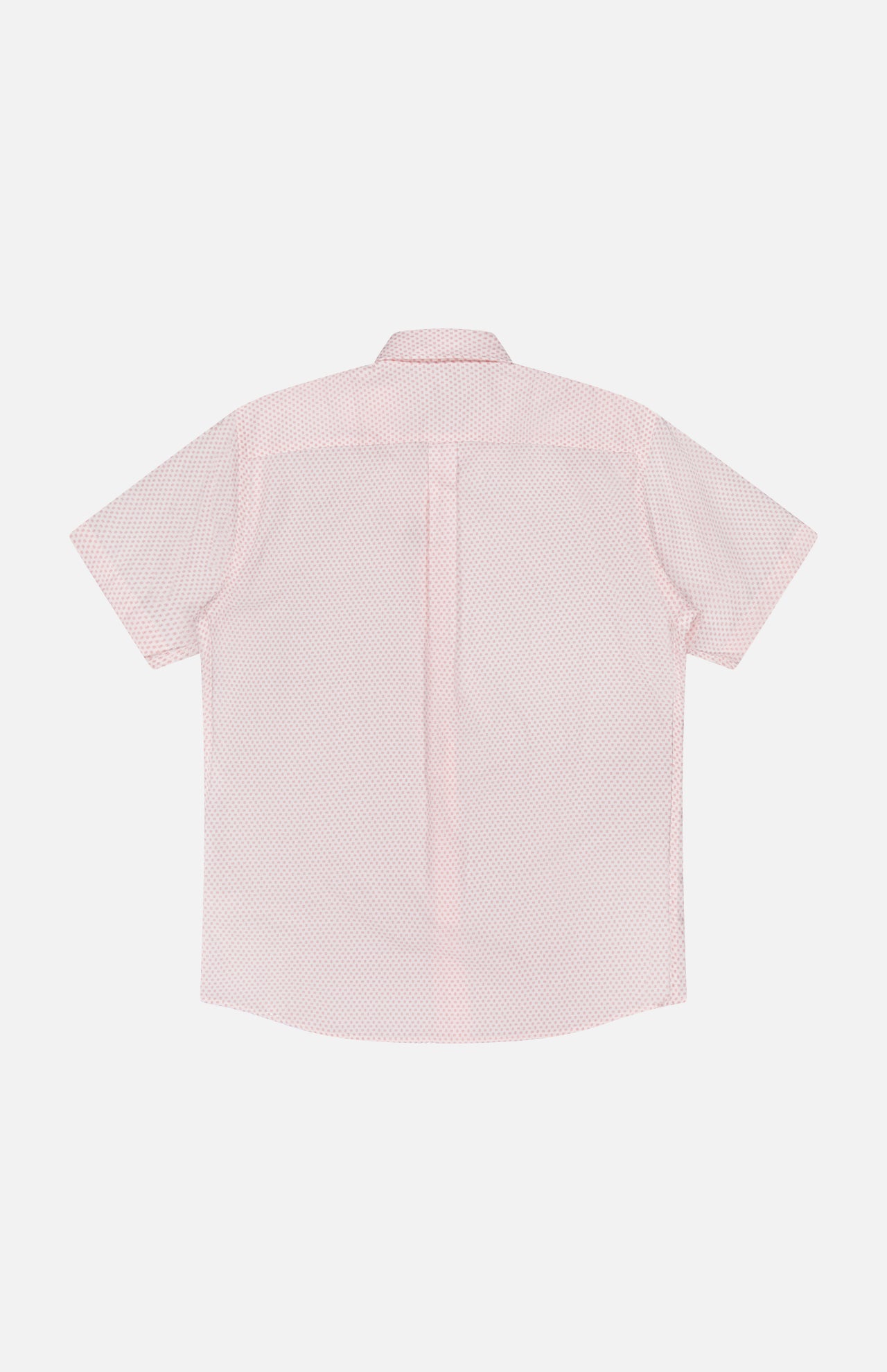 Back view of the PETER MILLAR Tamarama Cotton Lyocell Sport Shirt in light pink with short sleeves and a subtle small dotted pattern, displayed flat on a white background.