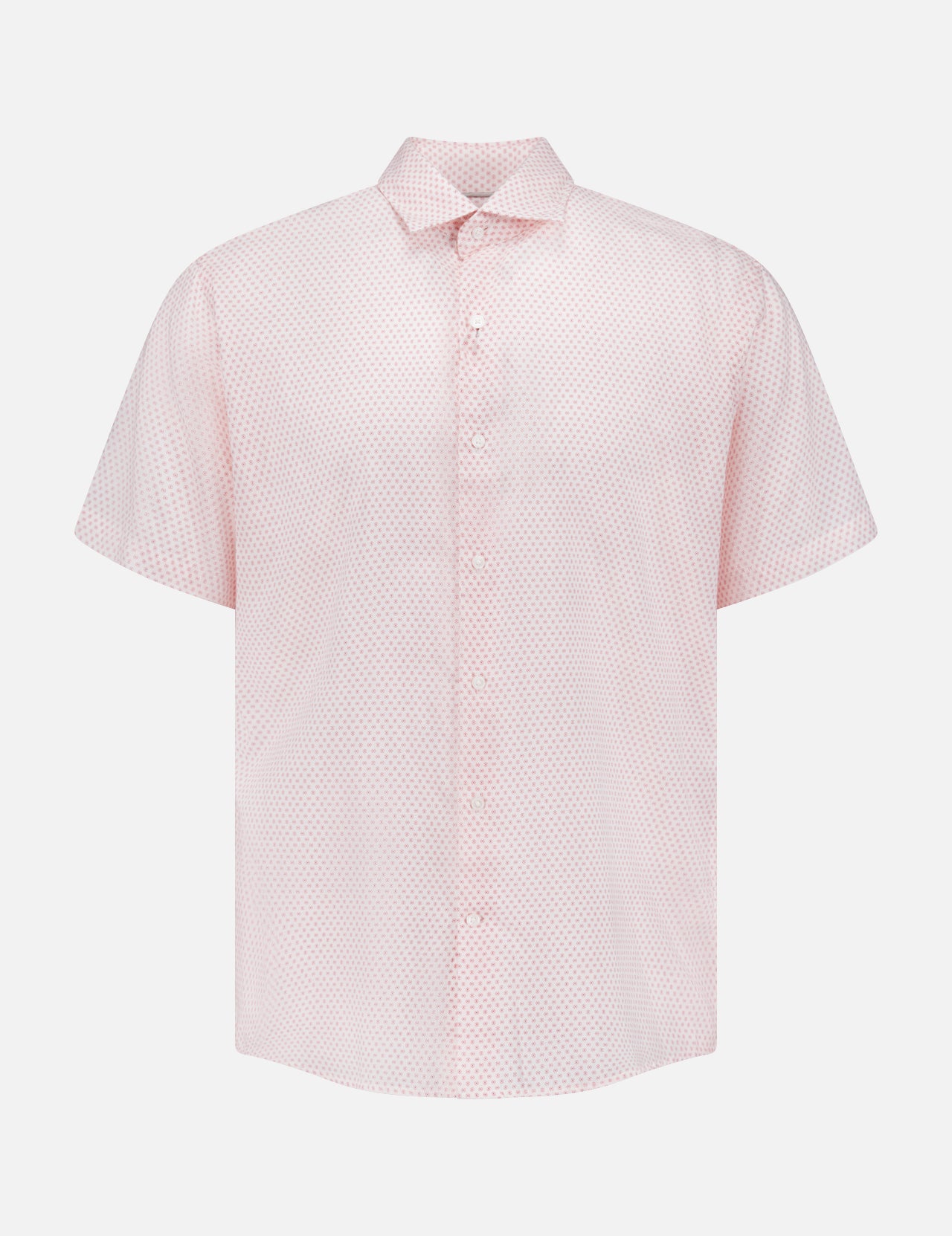 The PETER MILLAR Tamarama Cotton Lyocell Sport Shirt features short sleeves, a light pink hue, and a subtle small dotted pattern, blending classic style and comfort, shown on a plain white background.