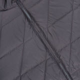 Close-up of the PETER MILLAR Walker Quilted Hybrid Jacket in dark grey, showcasing its diamond-pattern quilting and distinctive diagonal zipper. This water-resistant jacket blends style and practicality, making it an ideal choice for comfort in unpredictable weather.