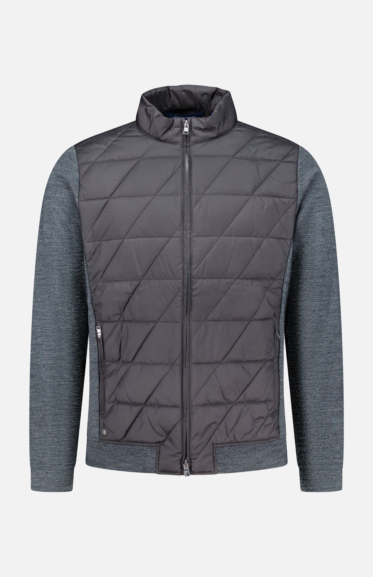 Introducing the Walker Quilted Hybrid Jacket from PETER MILLAR: A stylish dark grey jacket featuring a diamond quilted pattern on the main body, complemented by lighter textured gray sleeves and hem. Designed with a high collar, front zipper, and convenient side pockets, this jacket is both wind resistant and water resistant—delivering exceptional comfort and protection for changing weather conditions.
