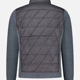 A back view of the PETER MILLAR Walker Quilted Hybrid Jacket, showcasing its water-resistant dark grey quilted fabric on the upper back, lighter gray textured material on the sleeves, a stand collar, and no visible branding.