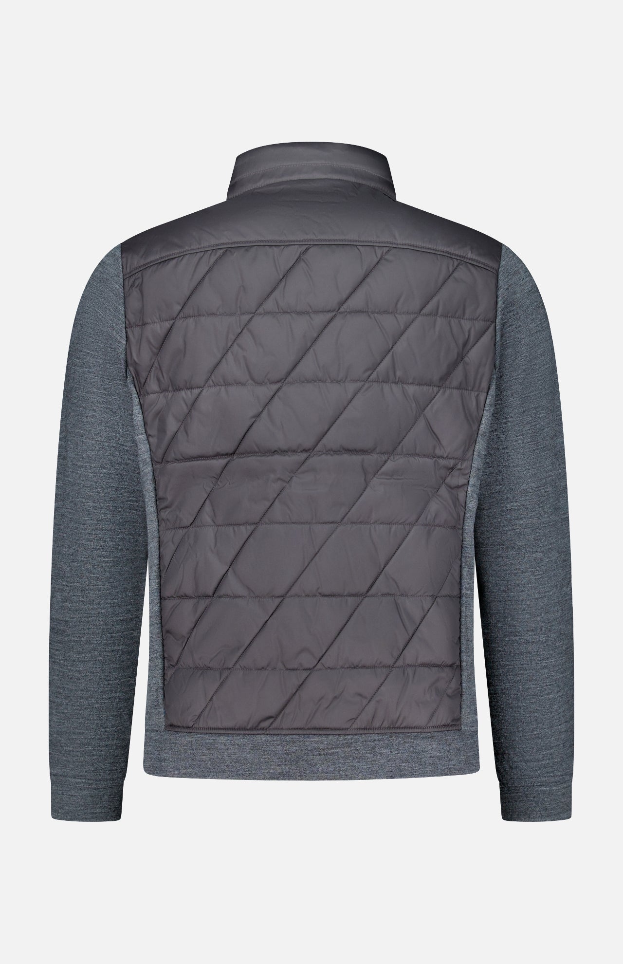 A back view of the PETER MILLAR Walker Quilted Hybrid Jacket, showcasing its water-resistant dark grey quilted fabric on the upper back, lighter gray textured material on the sleeves, a stand collar, and no visible branding.