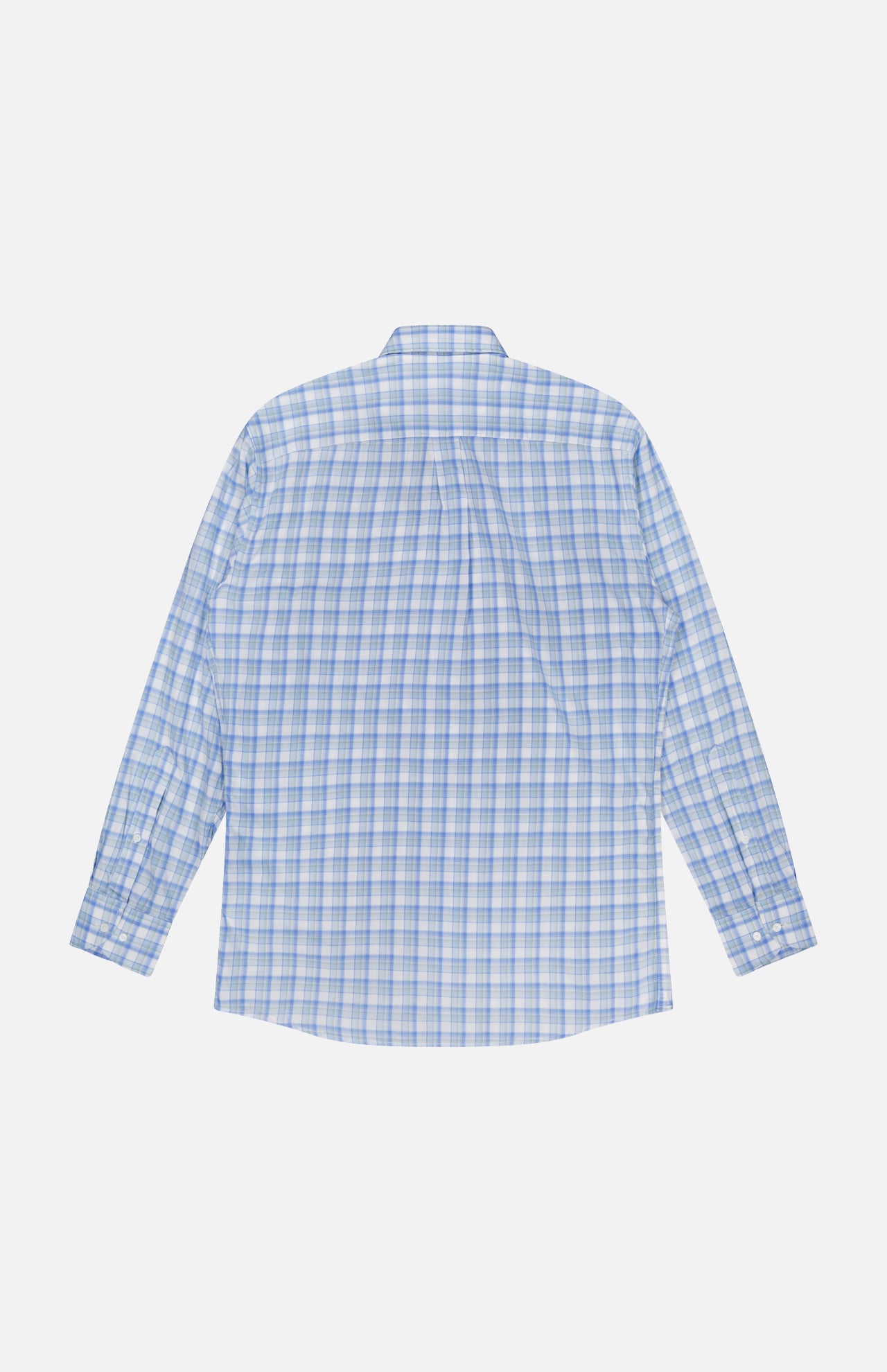 The Waterrock Cotton Lyocell Sport Shirt by PETER MILLAR features long sleeves, a button-up front, blue and white plaid pattern, and stretch performance. Shown from the back against a plain white background.