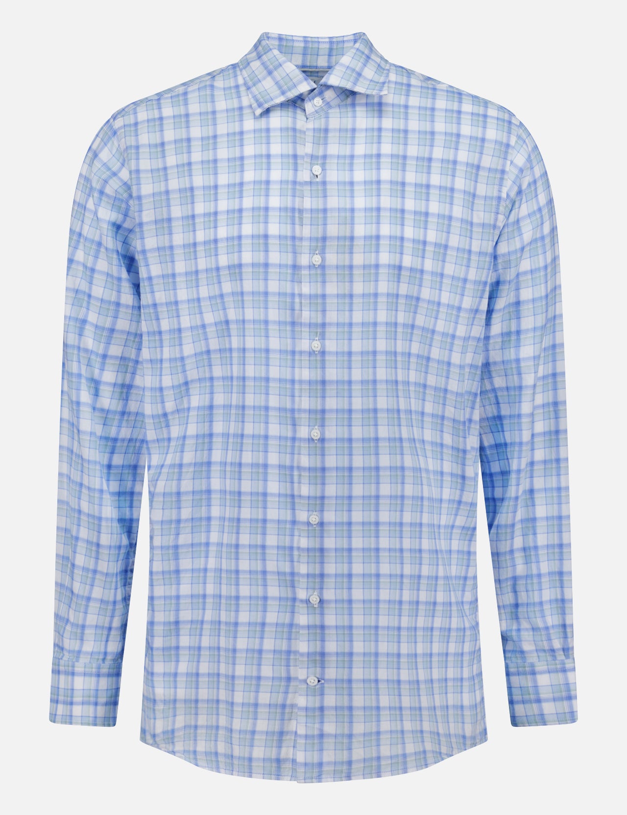 The PETER MILLAR Waterrock Cotton Lyocell Sport Shirt features long sleeves and a blue, light blue, white, and grey plaid pattern with stretch performance, displayed on a plain white background.