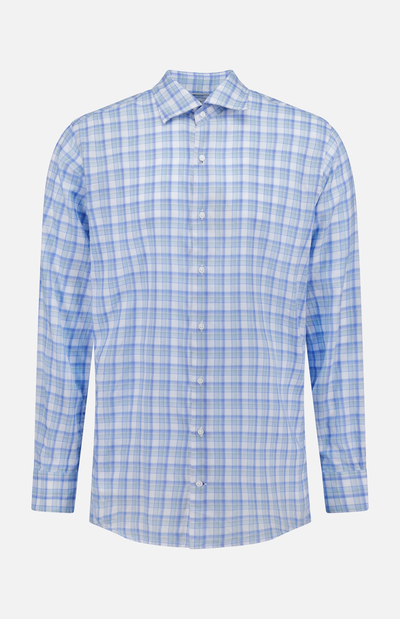 The PETER MILLAR Waterrock Cotton Lyocell Sport Shirt features long sleeves and a blue, light blue, white, and grey plaid pattern with stretch performance, displayed on a plain white background.