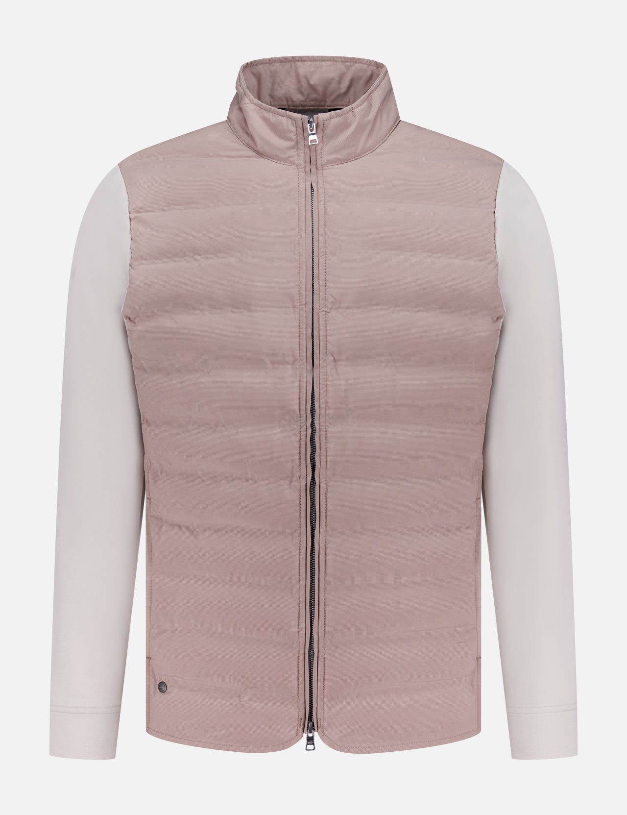 The PETER MILLAR Winsome Hybrid Jacket is a biscuit-colored, quilted insulated zip-up with beige long sleeves and a stand collar, shown against a plain white background.