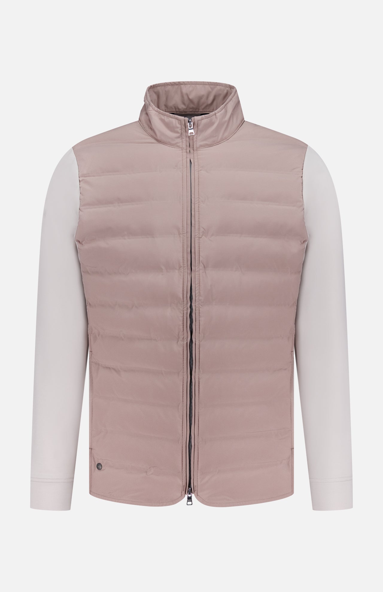 The PETER MILLAR Winsome Hybrid Jacket is a biscuit-colored, quilted insulated zip-up with beige long sleeves and a stand collar, shown against a plain white background.